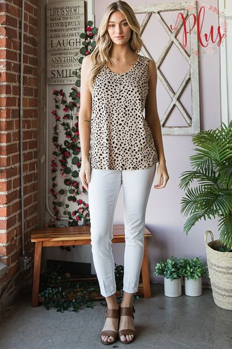 Heimish Full Size Front Button Animal Print Sleeveless Top plus Size
